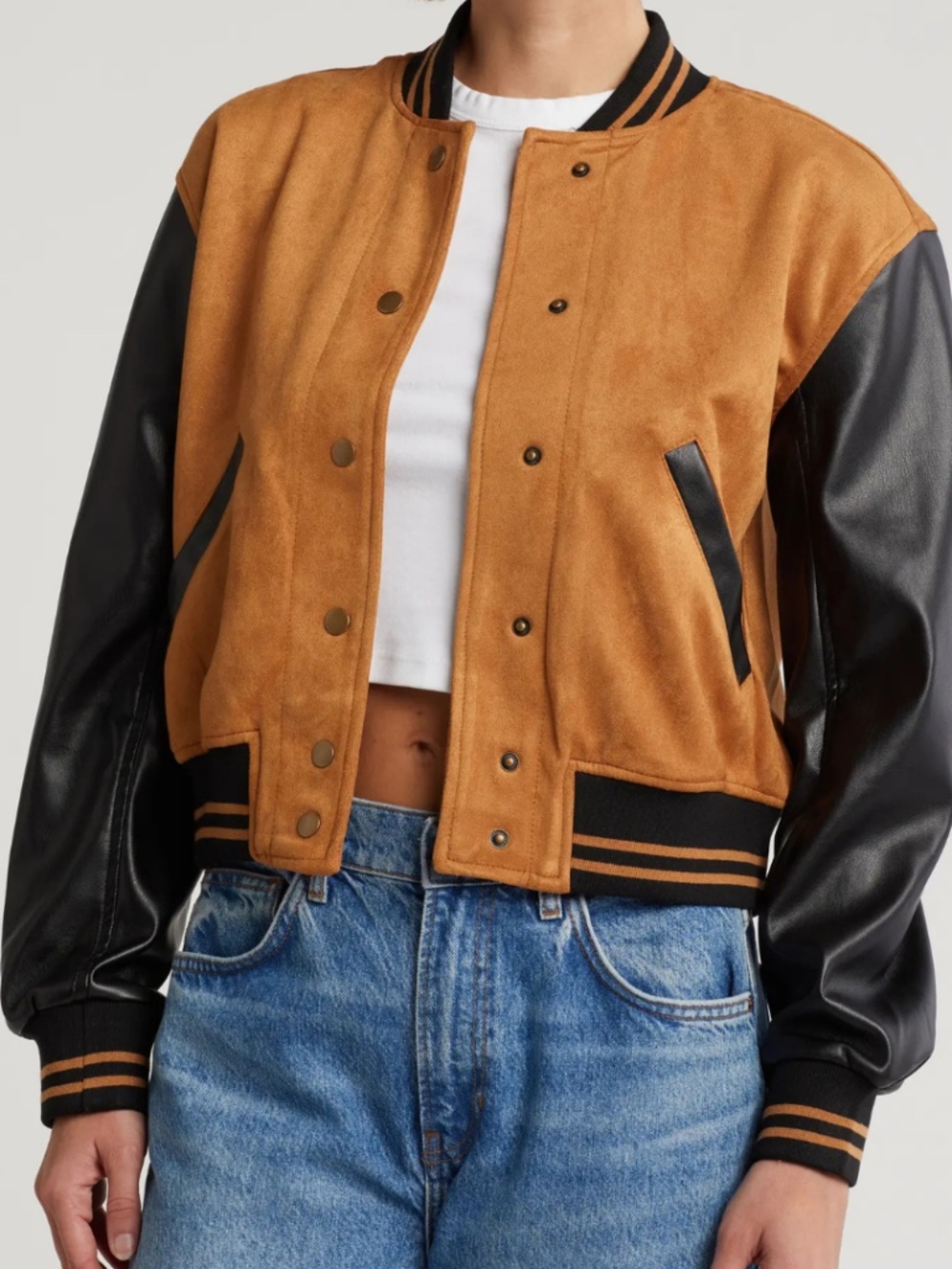 Varsity Faux Suede & Faux Leather Bomber Jacket